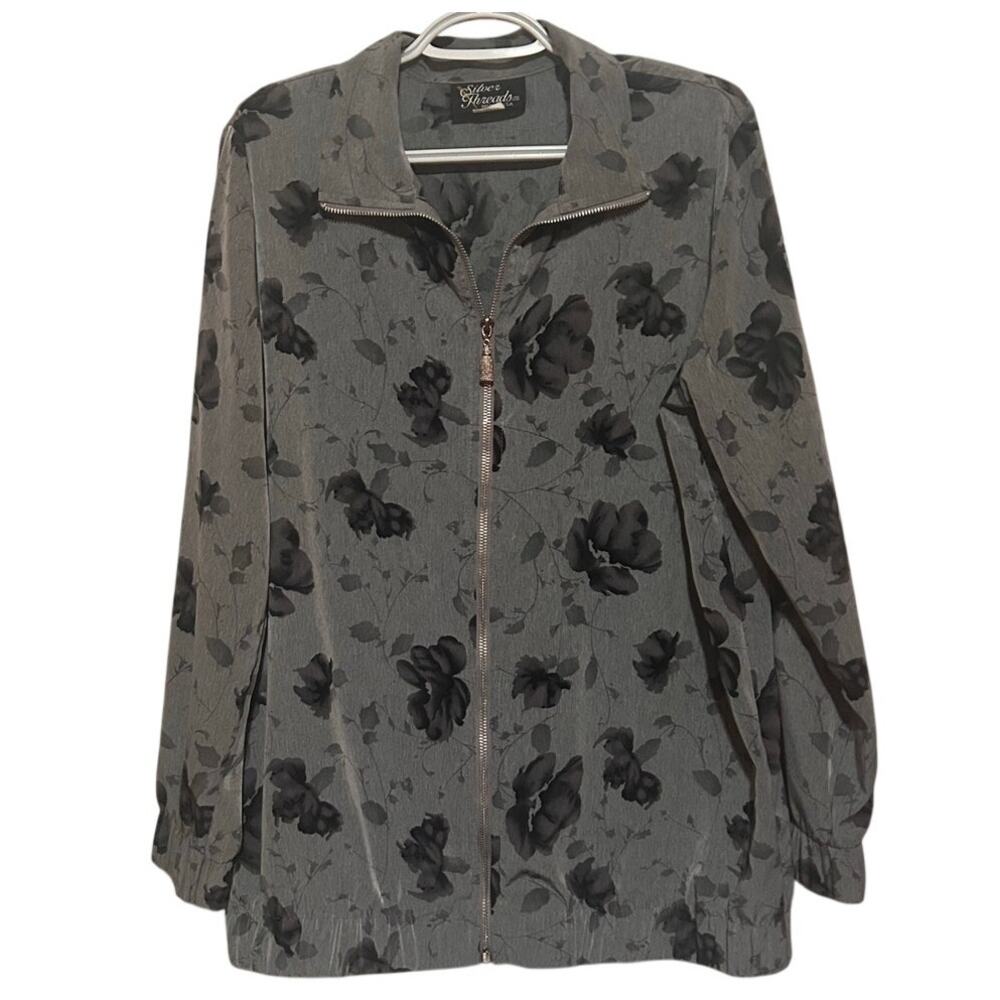 Silver Threads Women's Black Gray Floral Zip Up Jacket Size M